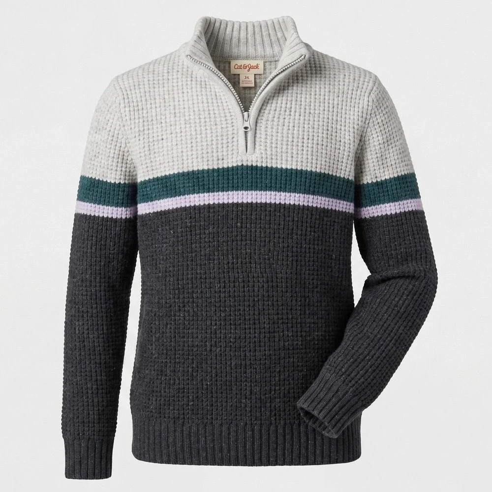 Cat & Jack Boys XL 16 Grey Colorblock Quarter Zip Waffle Knit Sweater Pullover